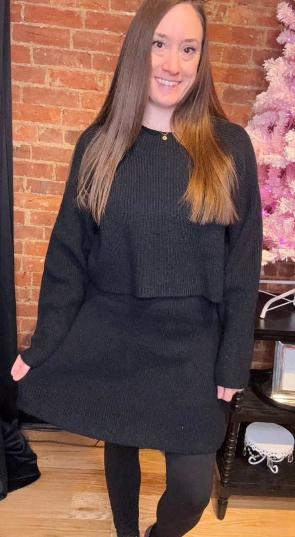 Black Two-Piece Sweater and Skirt Set Ribbed Knit