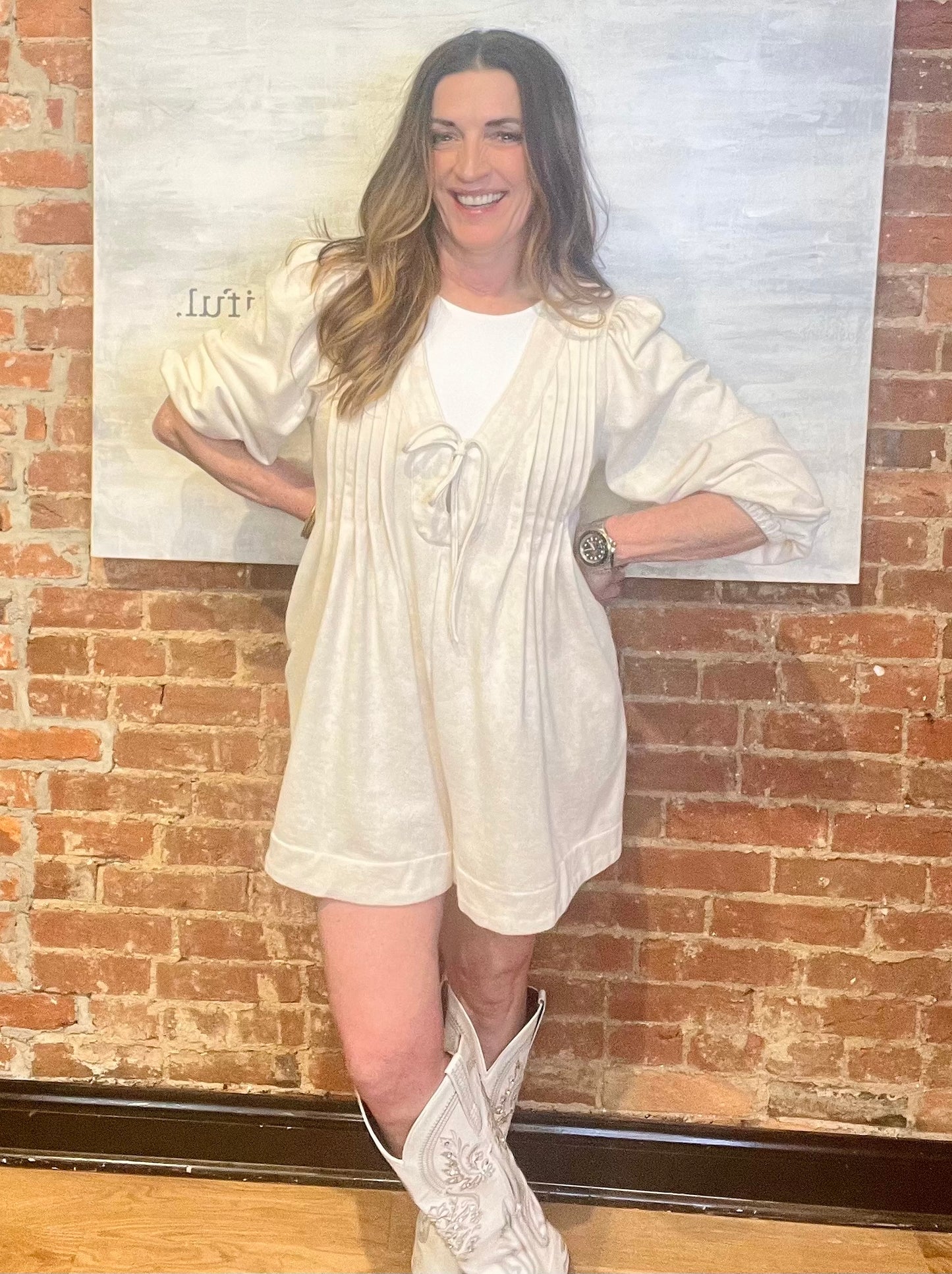 Cream Long Sleeve Romper Dress with Pockets