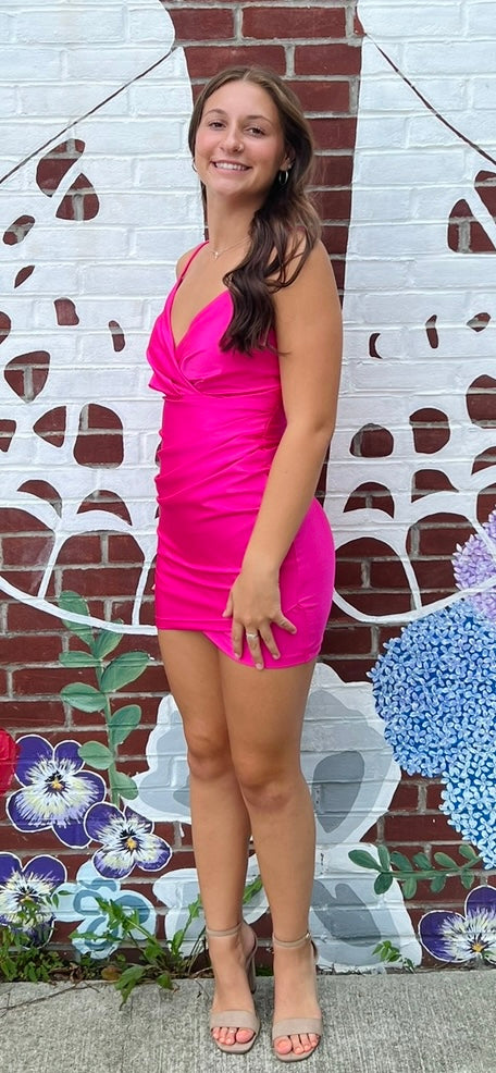 Pink Satin Bodycon Homecoming Dress with Spaghetti Straps and V-Neckline