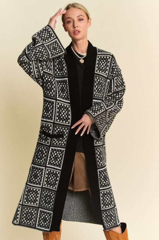 Black/White Crochet Long Knit Cardigan