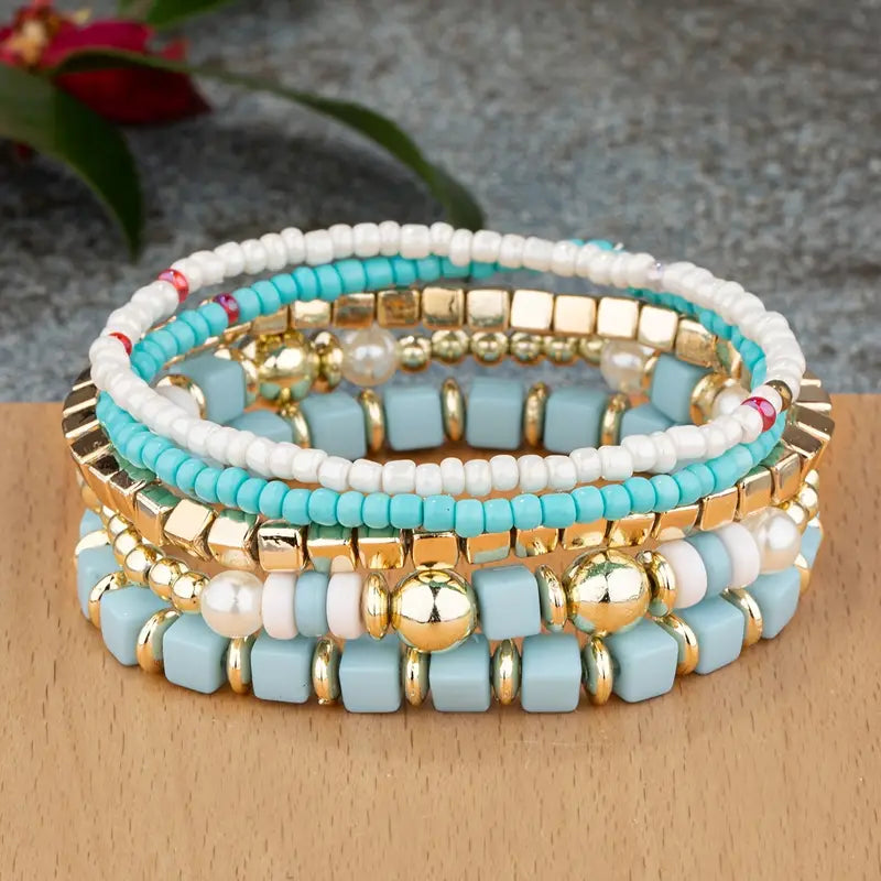Blue 5 Piece Beaded Bracelet Set