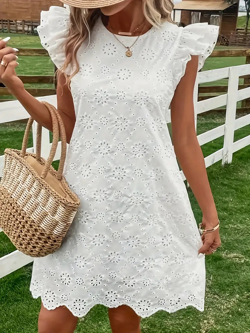 White Eyelet Mini Stress with Ruffle Sleeve