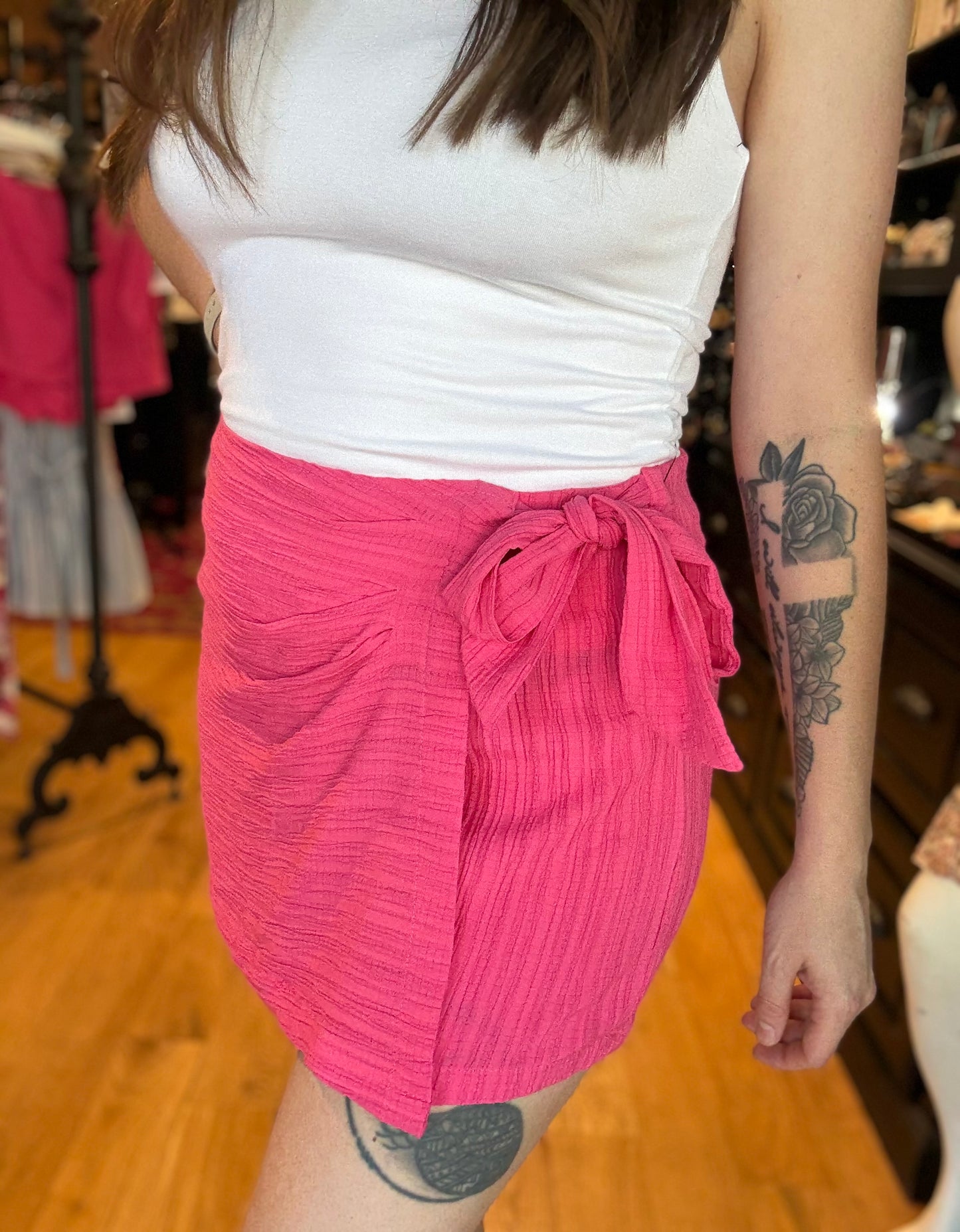 Pink Summer Asymmetric Faux Wrap Mini Skort
