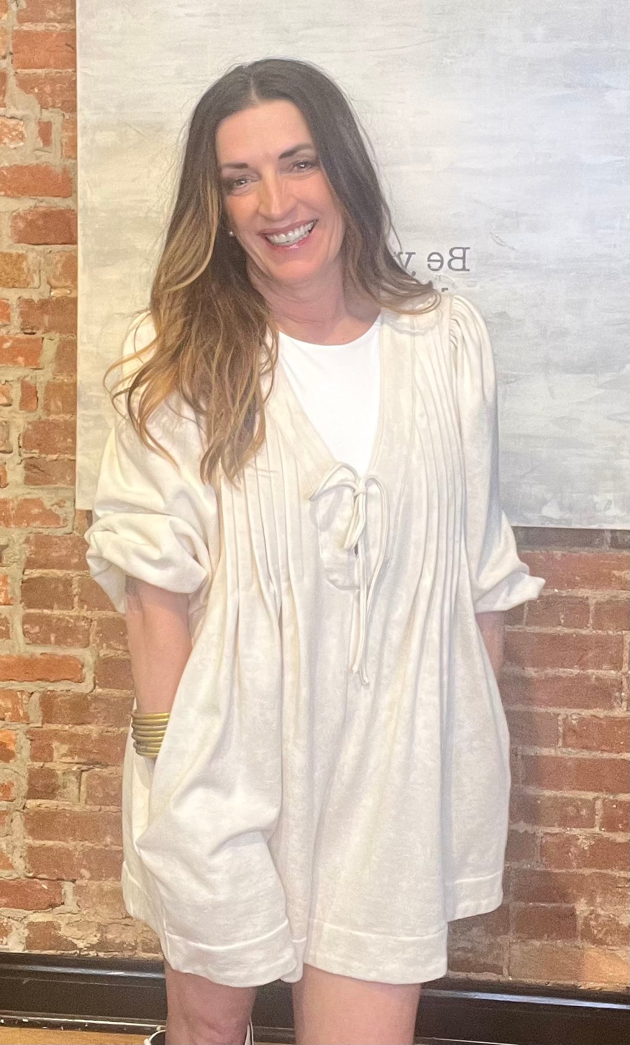 Cream Long Sleeve Romper Dress with Pockets