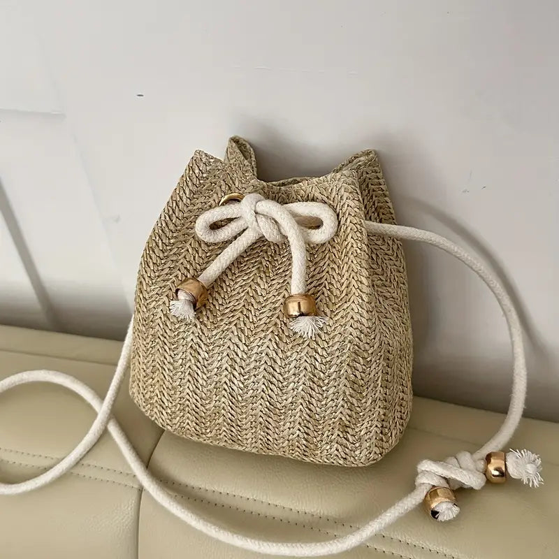 Khaki Woven Straw Crossbody Handbag