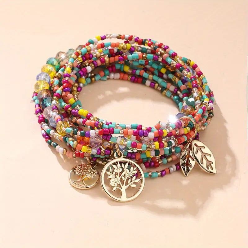 Polychrome Beaded Stacked Bracelet Set with Tree and Leaf Gold Pendants