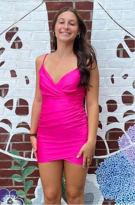 Pink Satin Bodycon Homecoming Dress with Spaghetti Straps and V-Neckline
