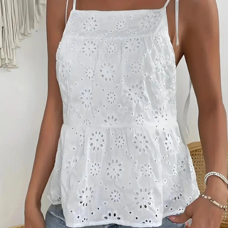 White Eyelet Tank Top with Tie Straps