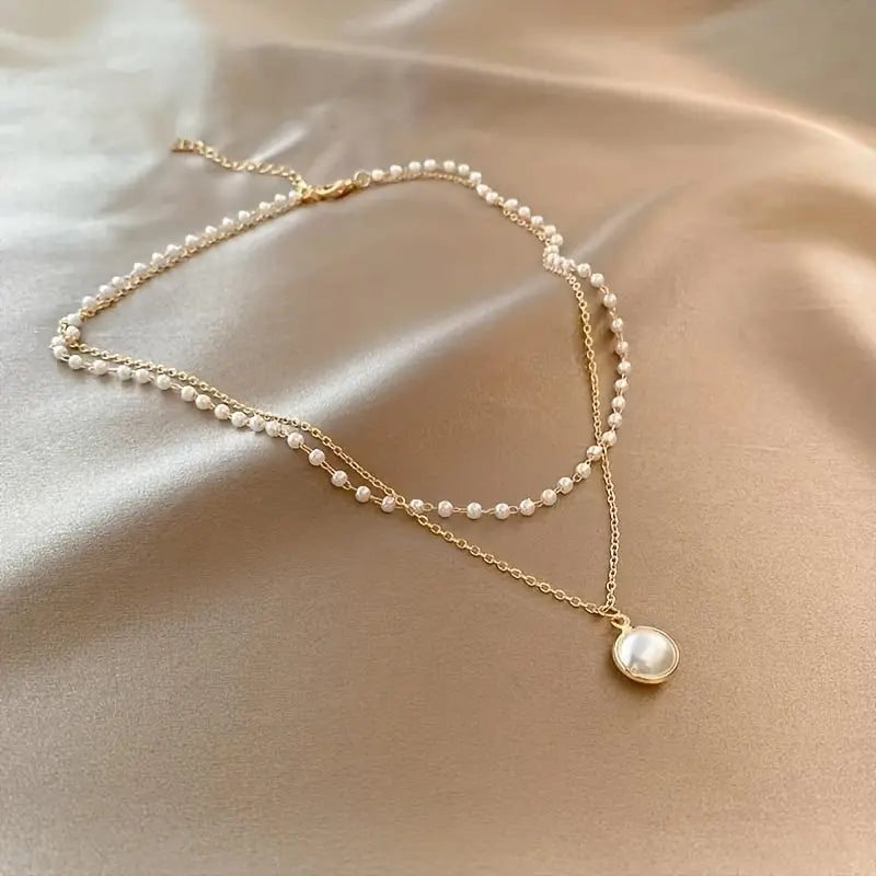 Gold Pendant Necklace Clavicle Chain With Trendy Design Of Faux Pearl And Double-Layer Chain