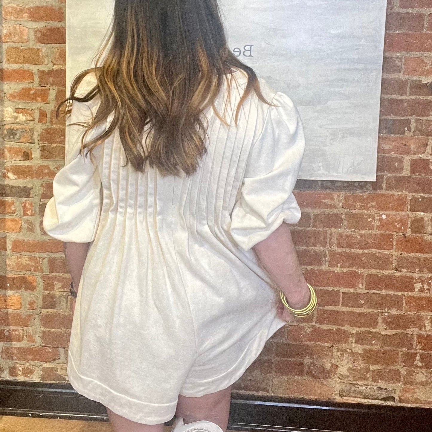 Cream Long Sleeve Romper Dress with Pockets