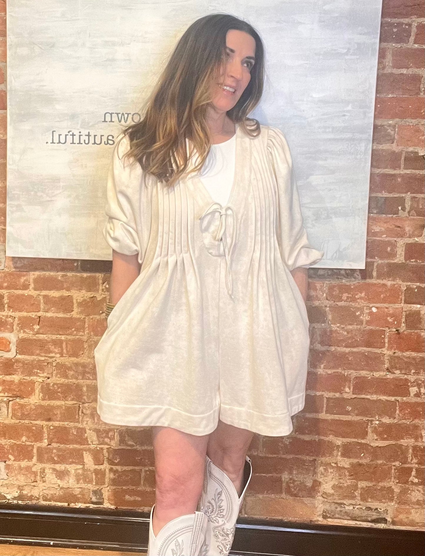 Cream Long Sleeve Romper Dress with Pockets