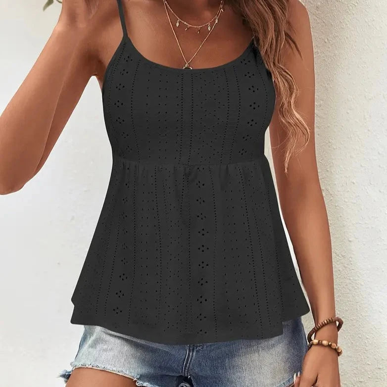 Black Square Neck Eyelet Tank Top