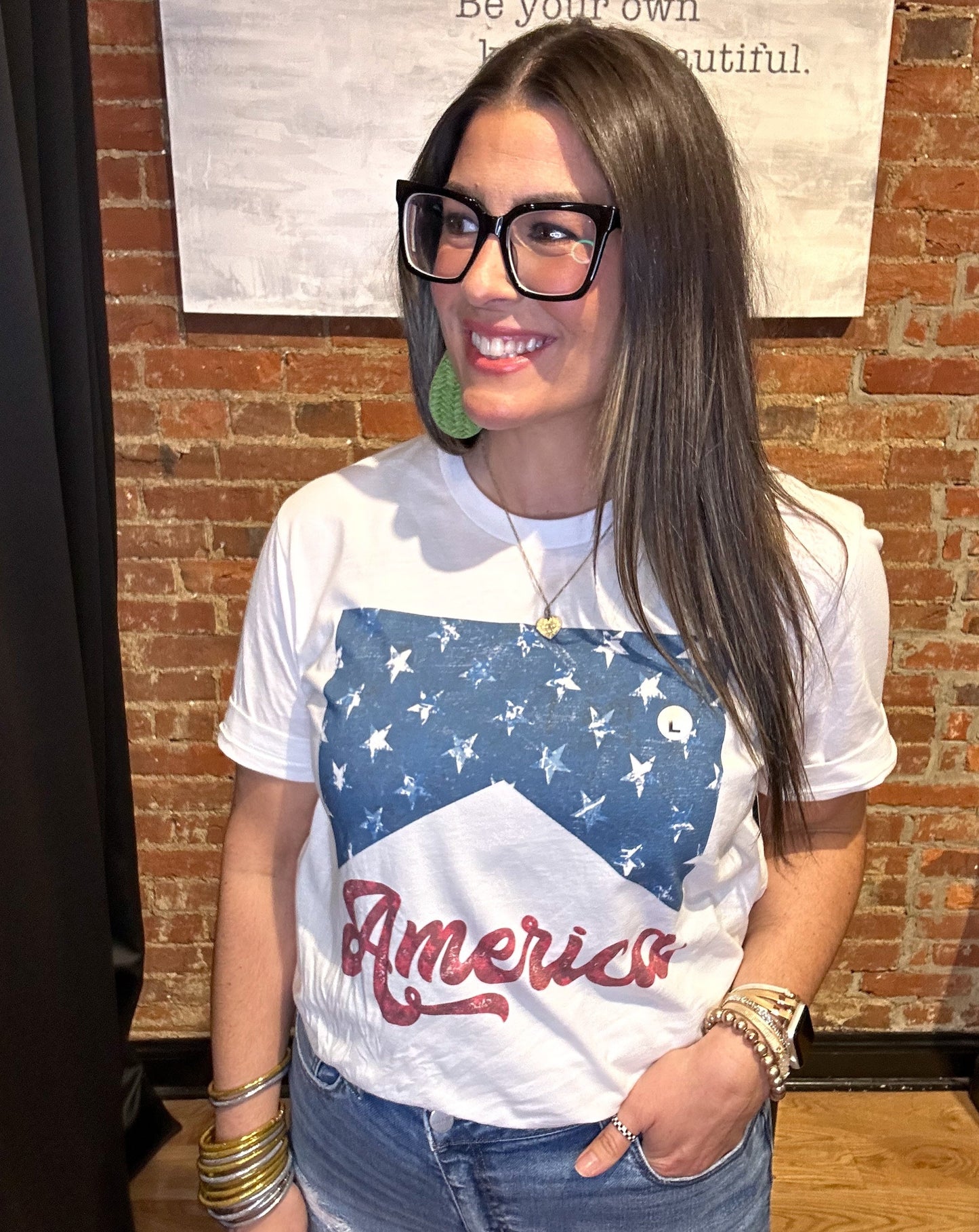 America Graphic Tee Blue and White Starts with America Lettering in Red