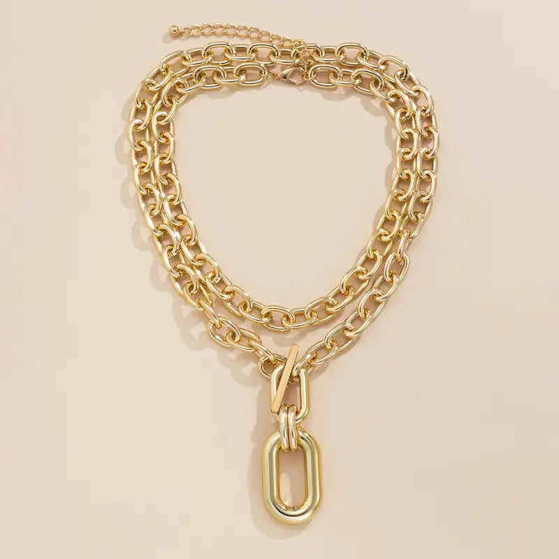 Gold Geometric Round Buckle Necklace Set Two Pieces