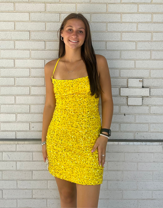Yellow Sequin Mini Homecoming Dress