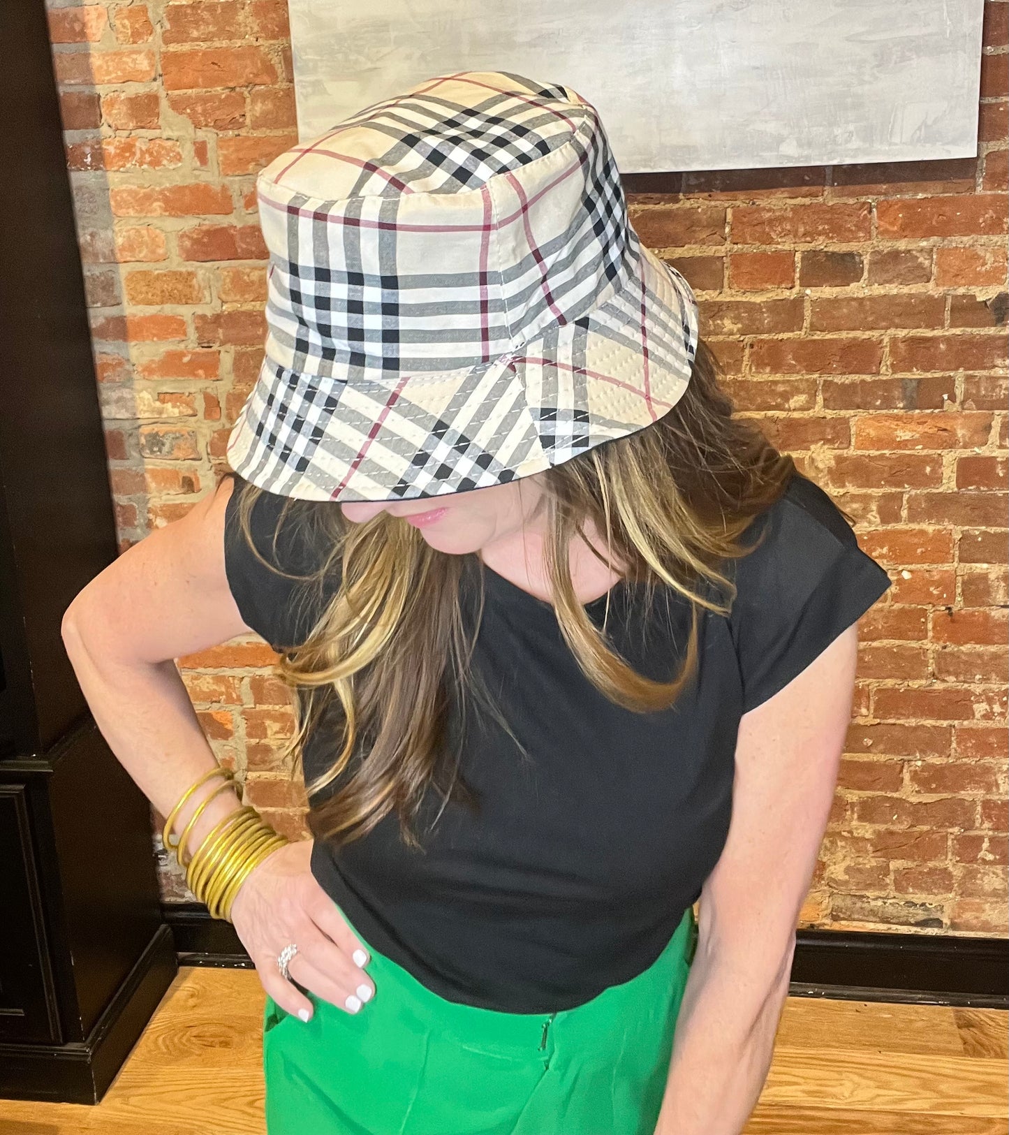 Beige Plaid Check Print Cotton Bucket Hat Reversible Use