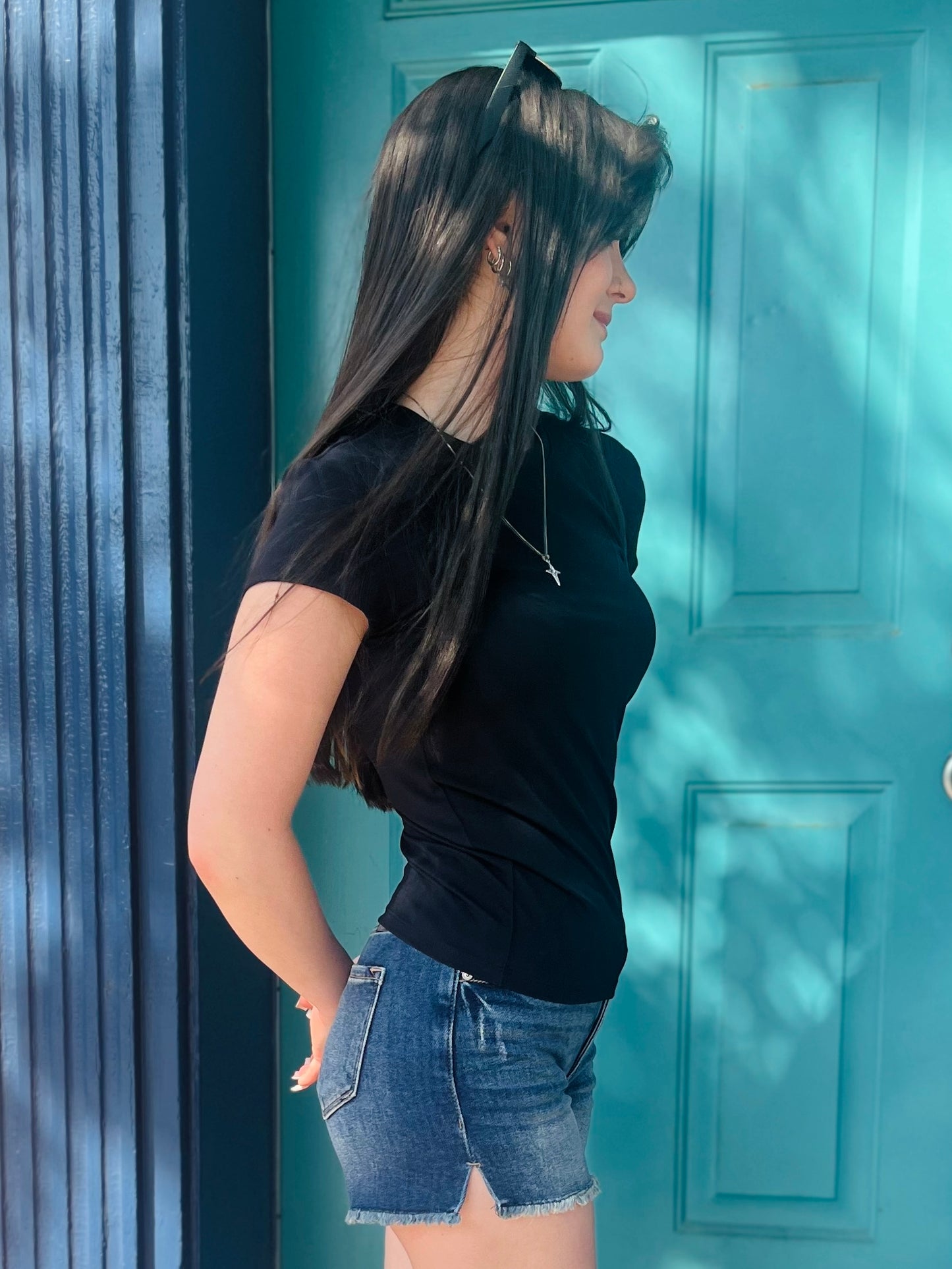 Black Stretchy Jersey Knit Short Sleeve Top