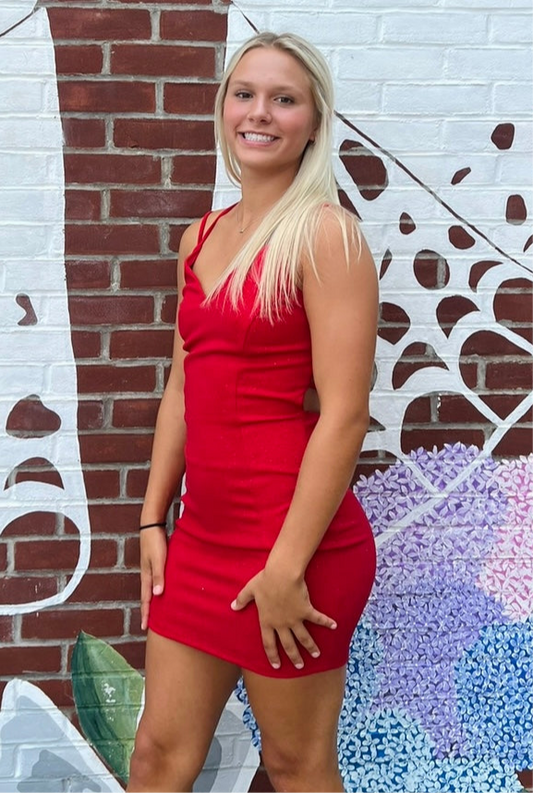 Red Glitter Stretch Bodycon Mini Homecoming Dress with V-Neckline Spaghetti Straps and Criss Cross Back