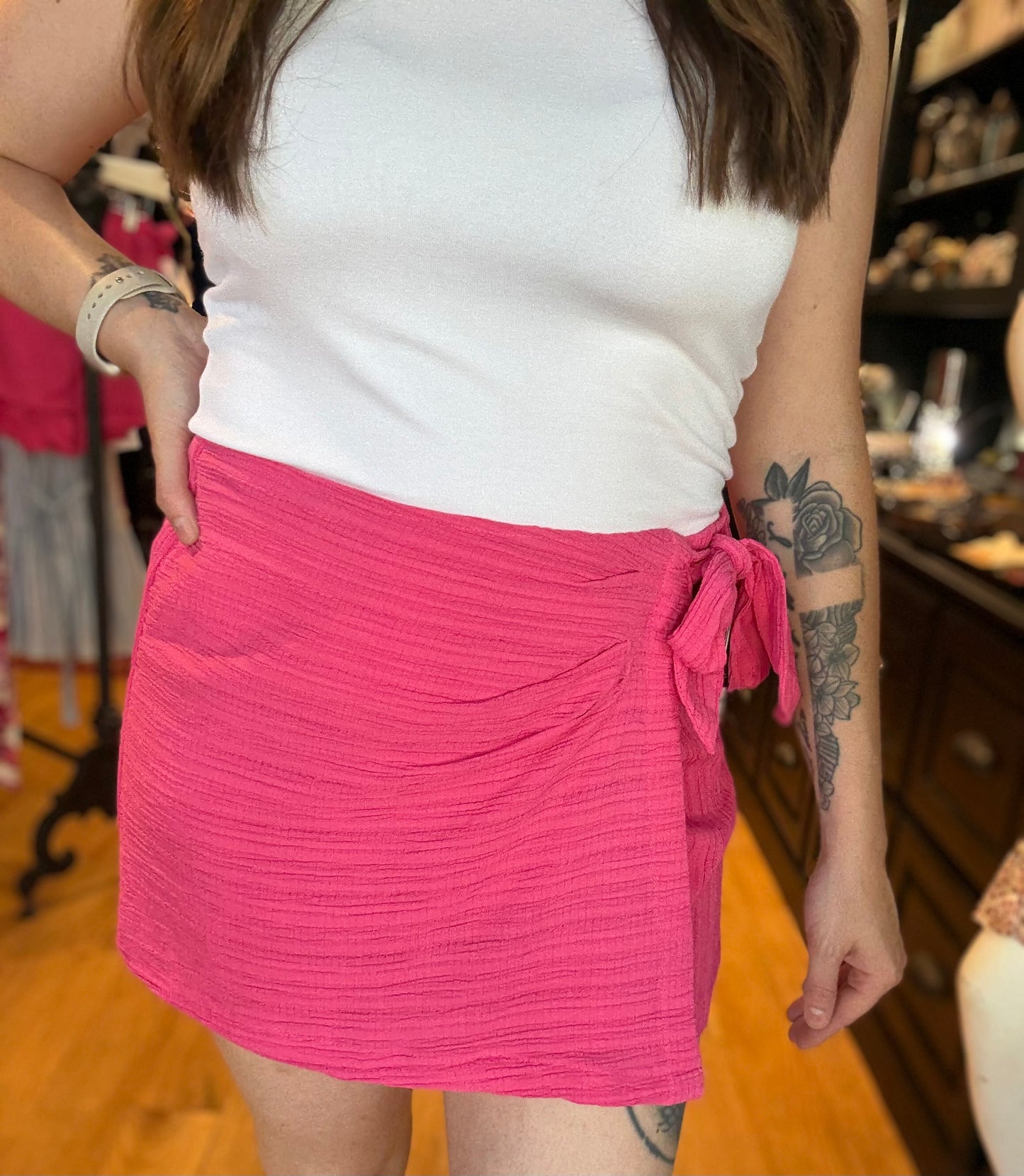 Pink Summer Asymmetric Faux Wrap Mini Skort