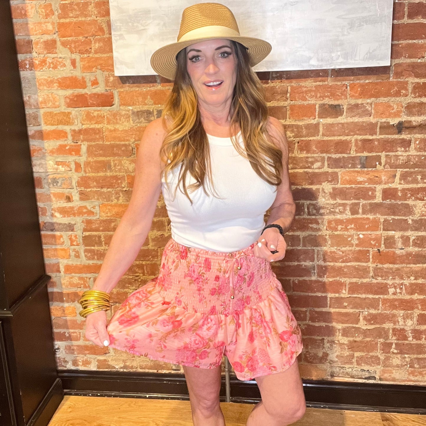 Pink Floral Print Smocked Shorts