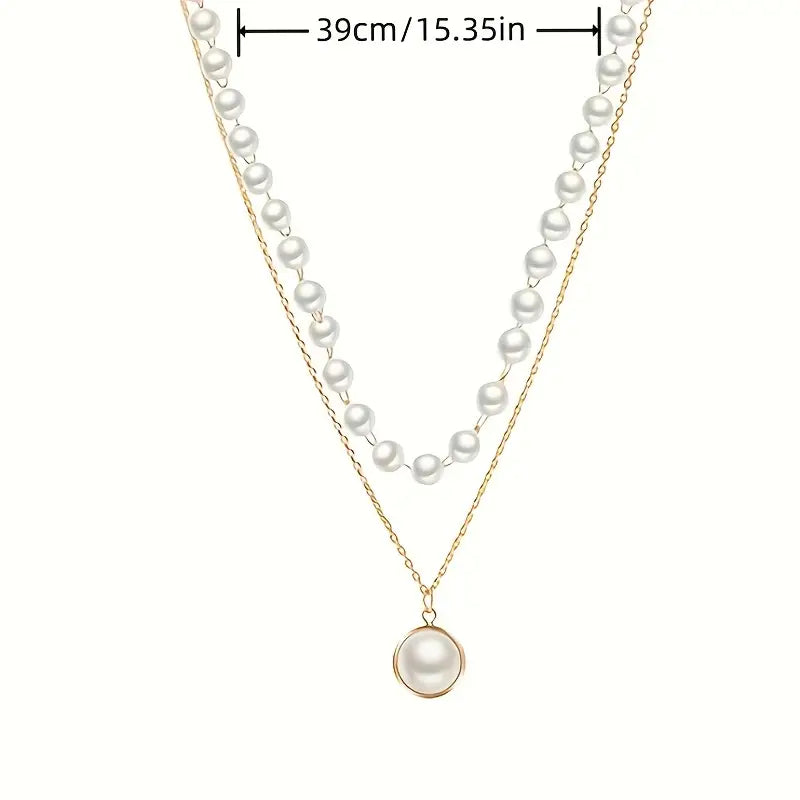 Silver Pendant Necklace Clavicle Chain With Trendy Design Of Faux Pearl And Double-Layer Chain