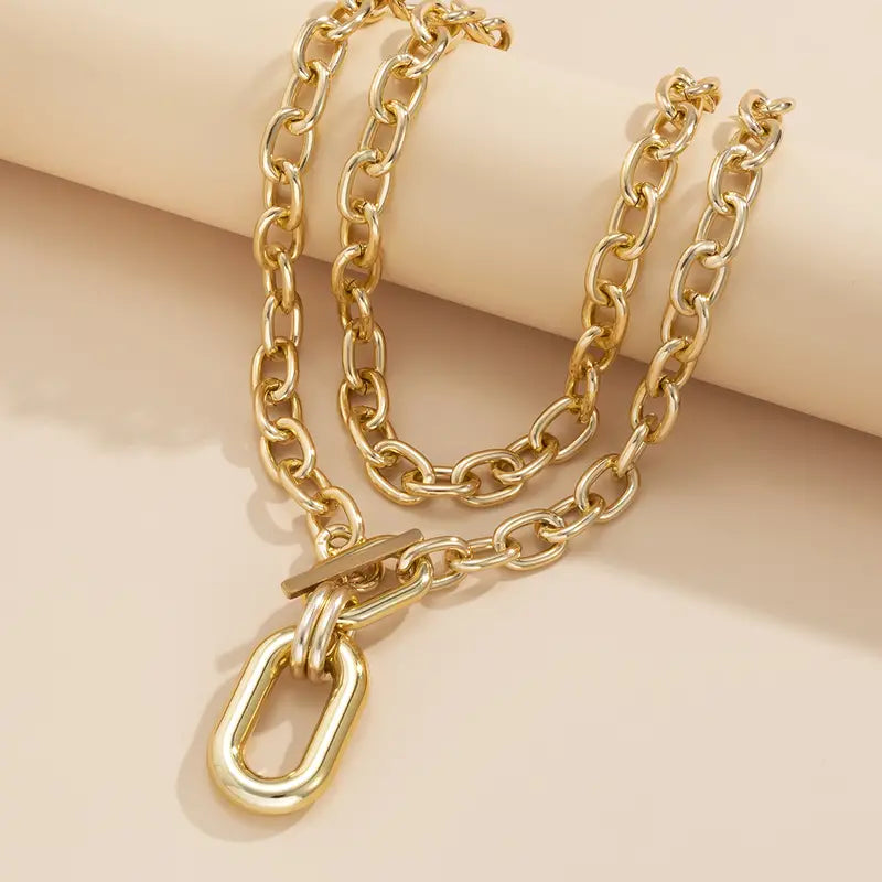 Gold Geometric Round Buckle Necklace Set Two Pieces