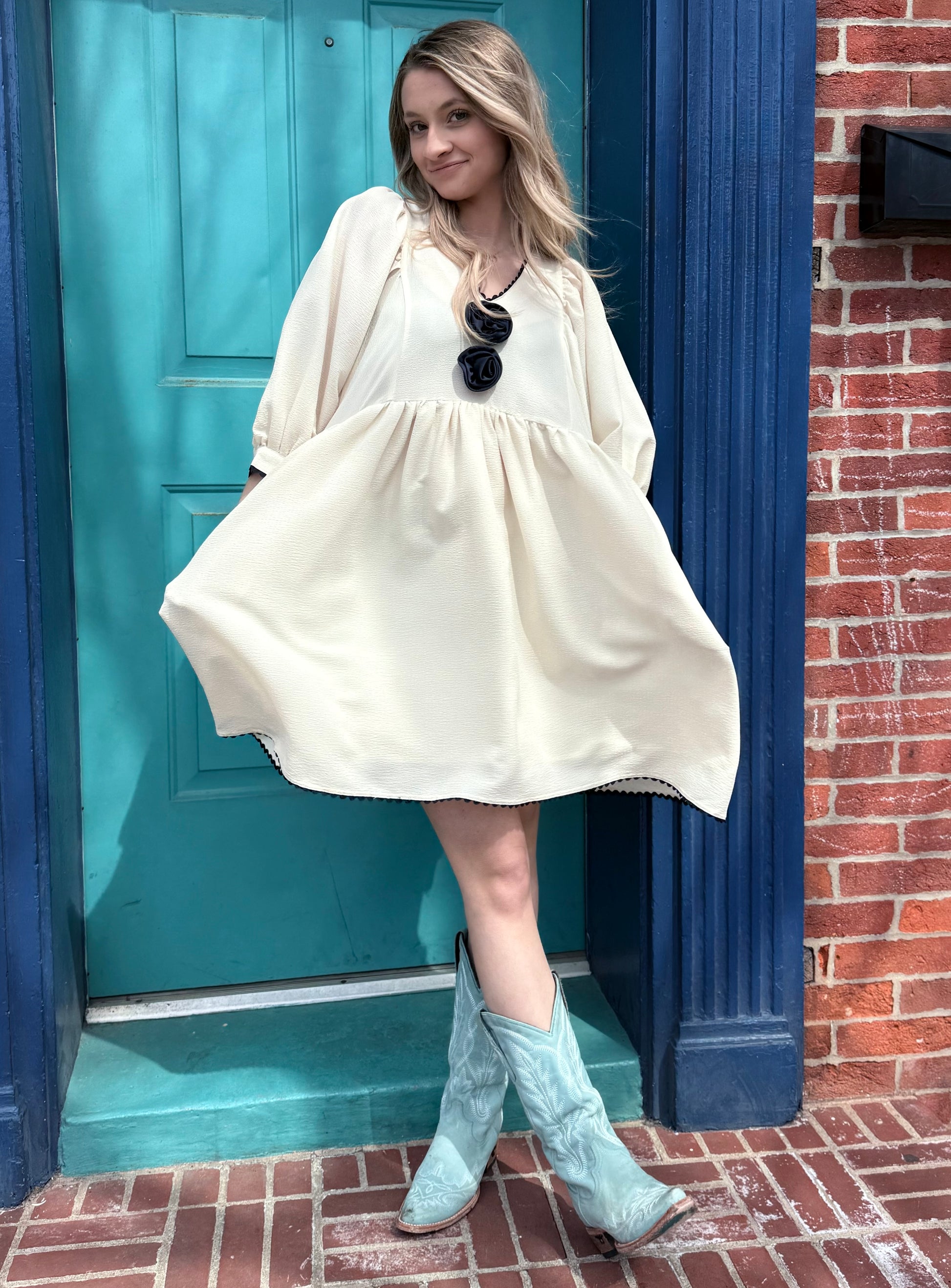 Cream Rosette Adorned V-Neck Mini Dress