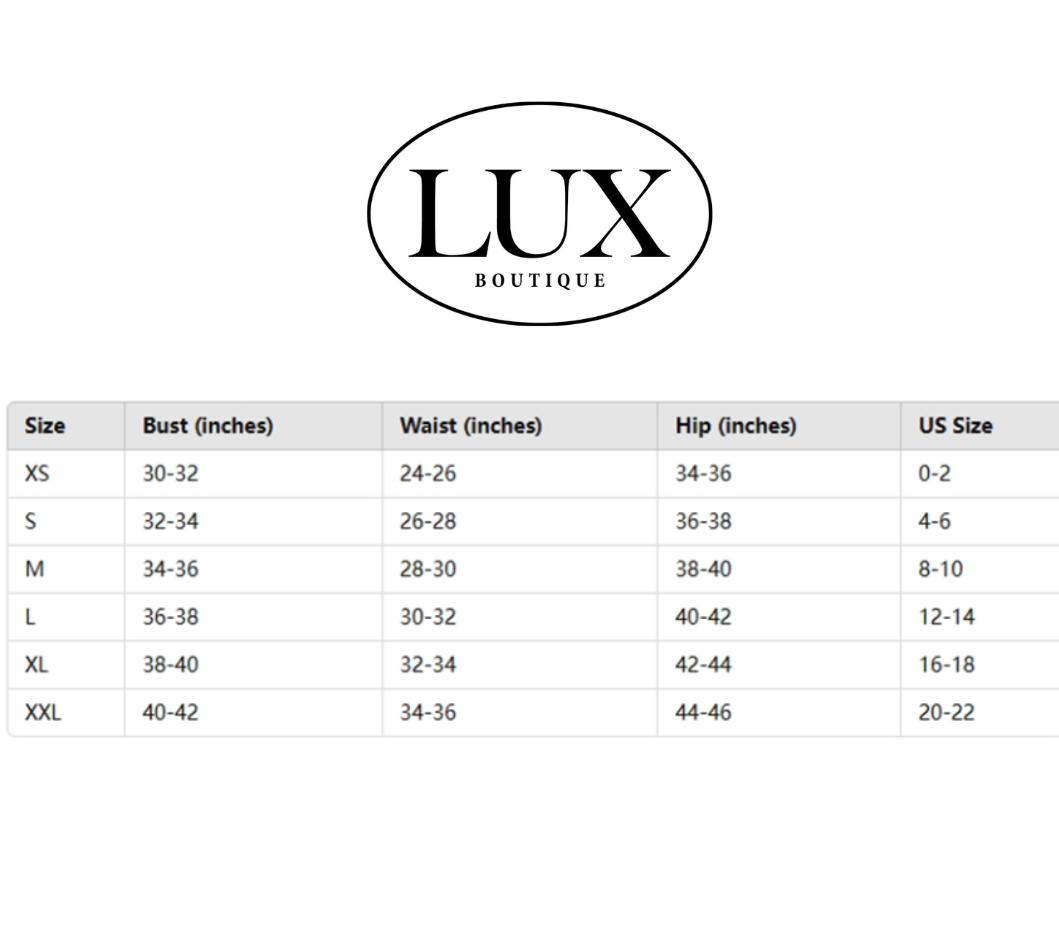 Size chart for clothing with LUX Boutique logo