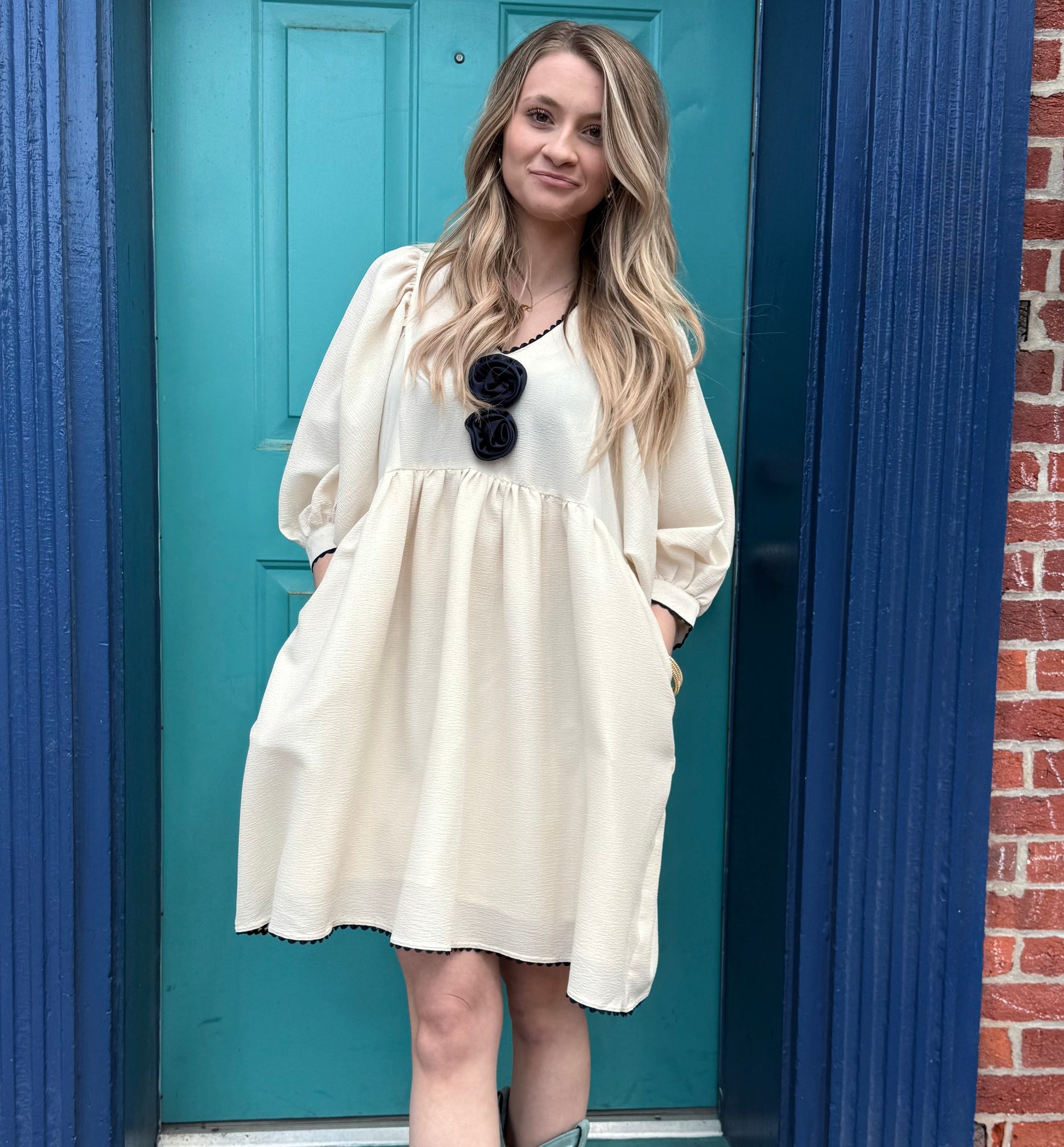 Cream Rosette Adorned V-Neck Mini Dress