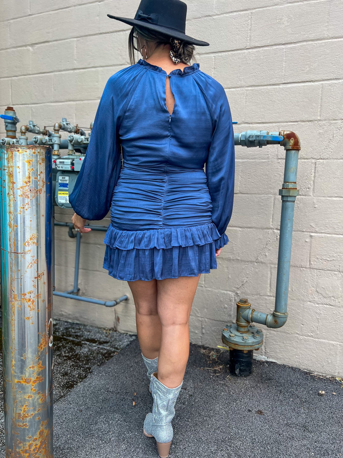 GLAM Ruffled Shirred Steel Blue Dress