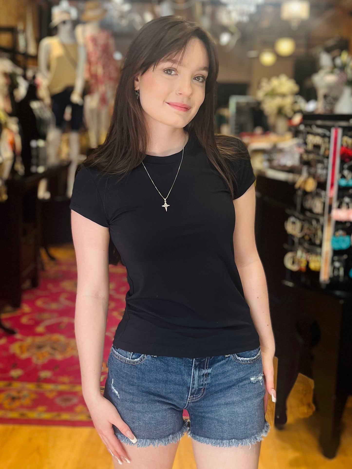 Black Stretchy Jersey Knit Short Sleeve Top