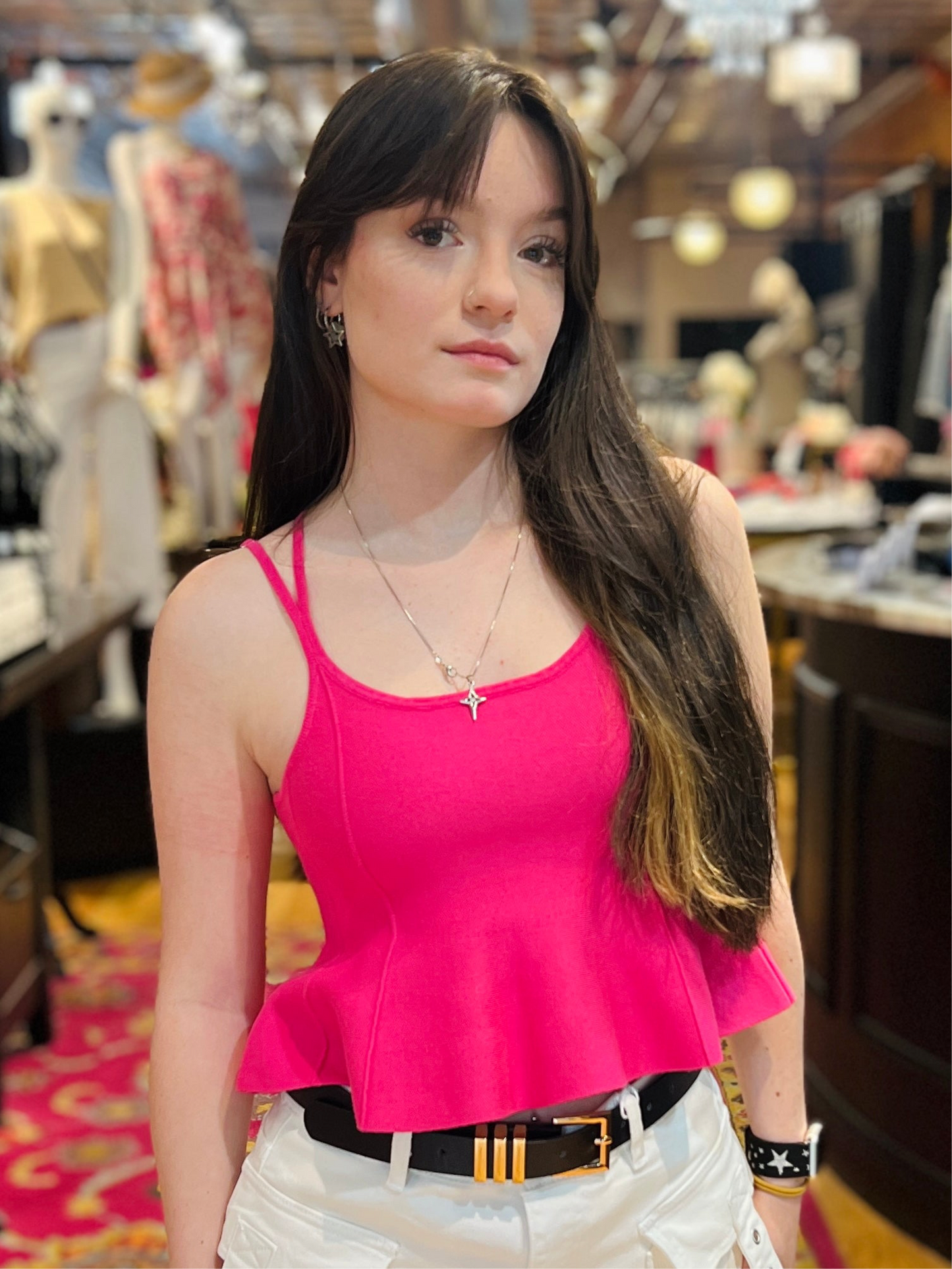Pink Double Strap Peplum Knit Top