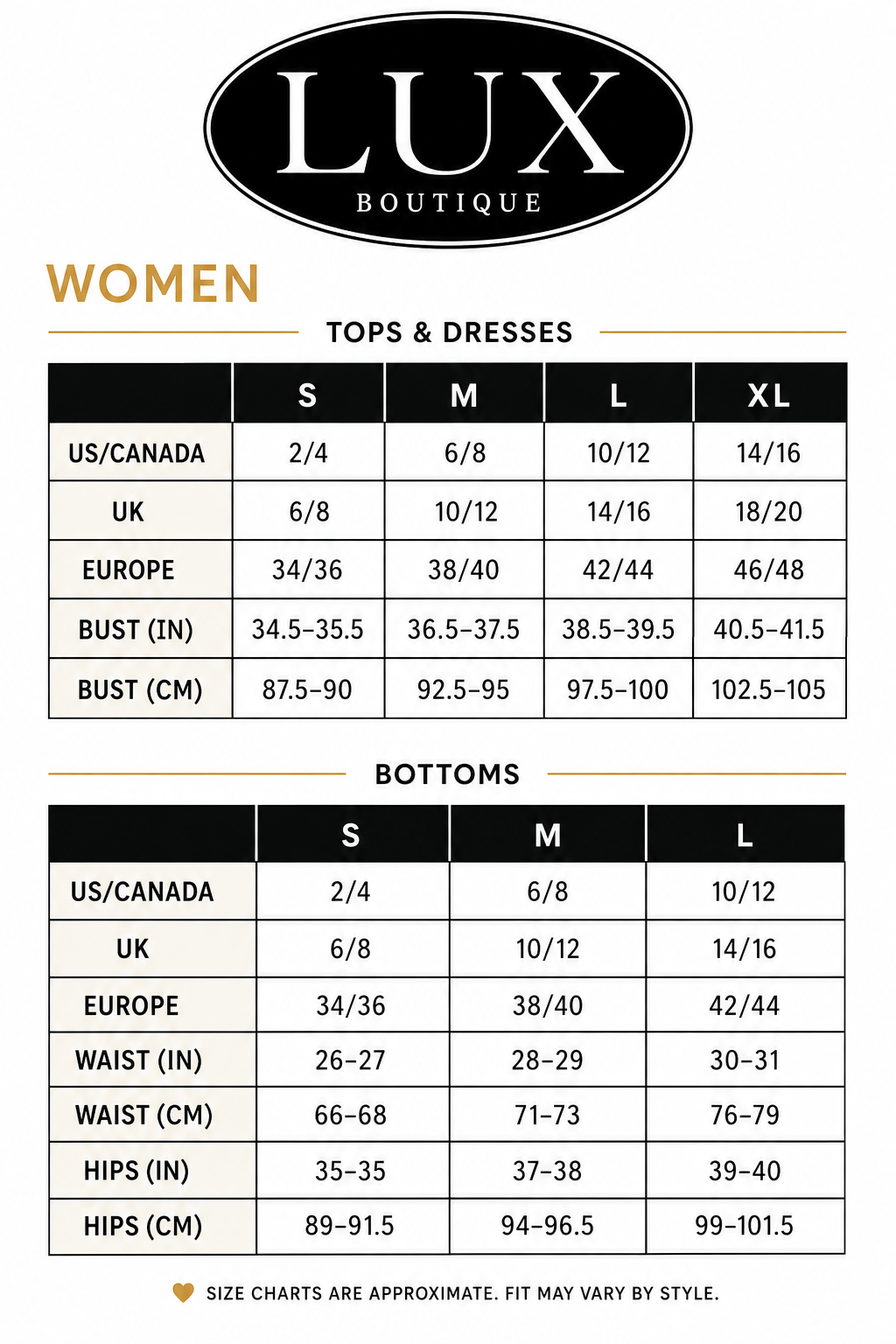 A sizing chart for LUX Boutique women's tops and dresses, showing measurements in US/Canada, UK, and Europe for sizes S through XL, plus bottoms measurements in US/Canada, UK, and Europe. The chart includes columns for S, M, L, and XL and lists bust, waist, hips, and hip centimeter measurements.