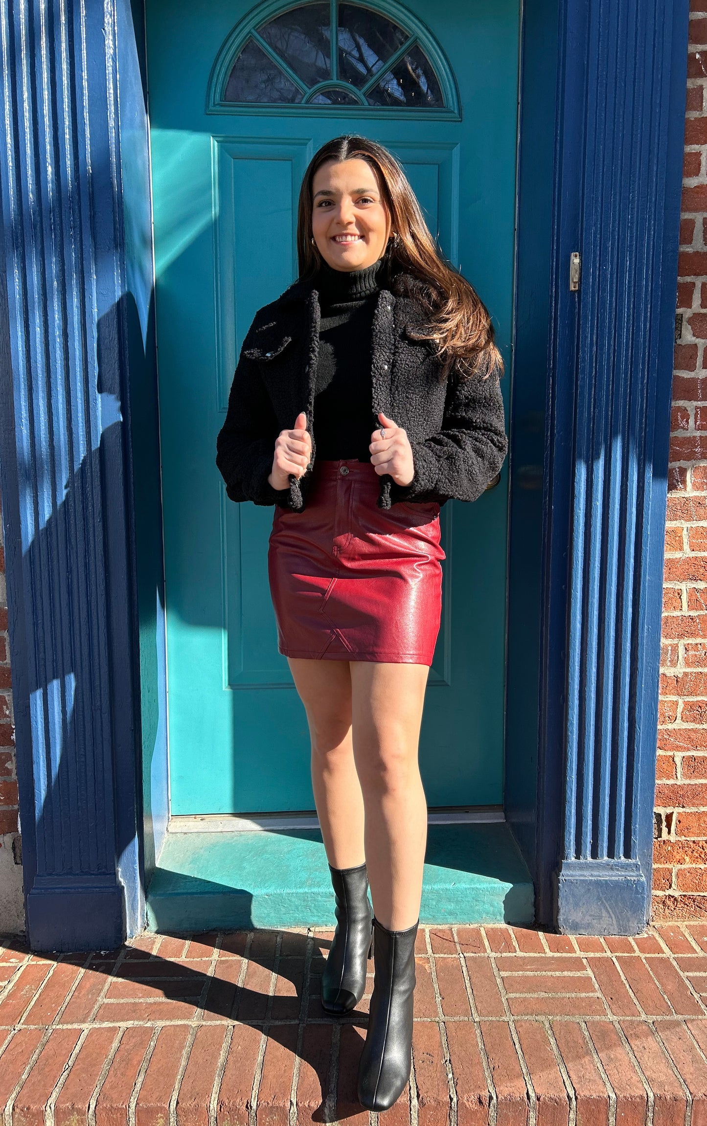 Red Vegan Leather Mini Pencil Skirt