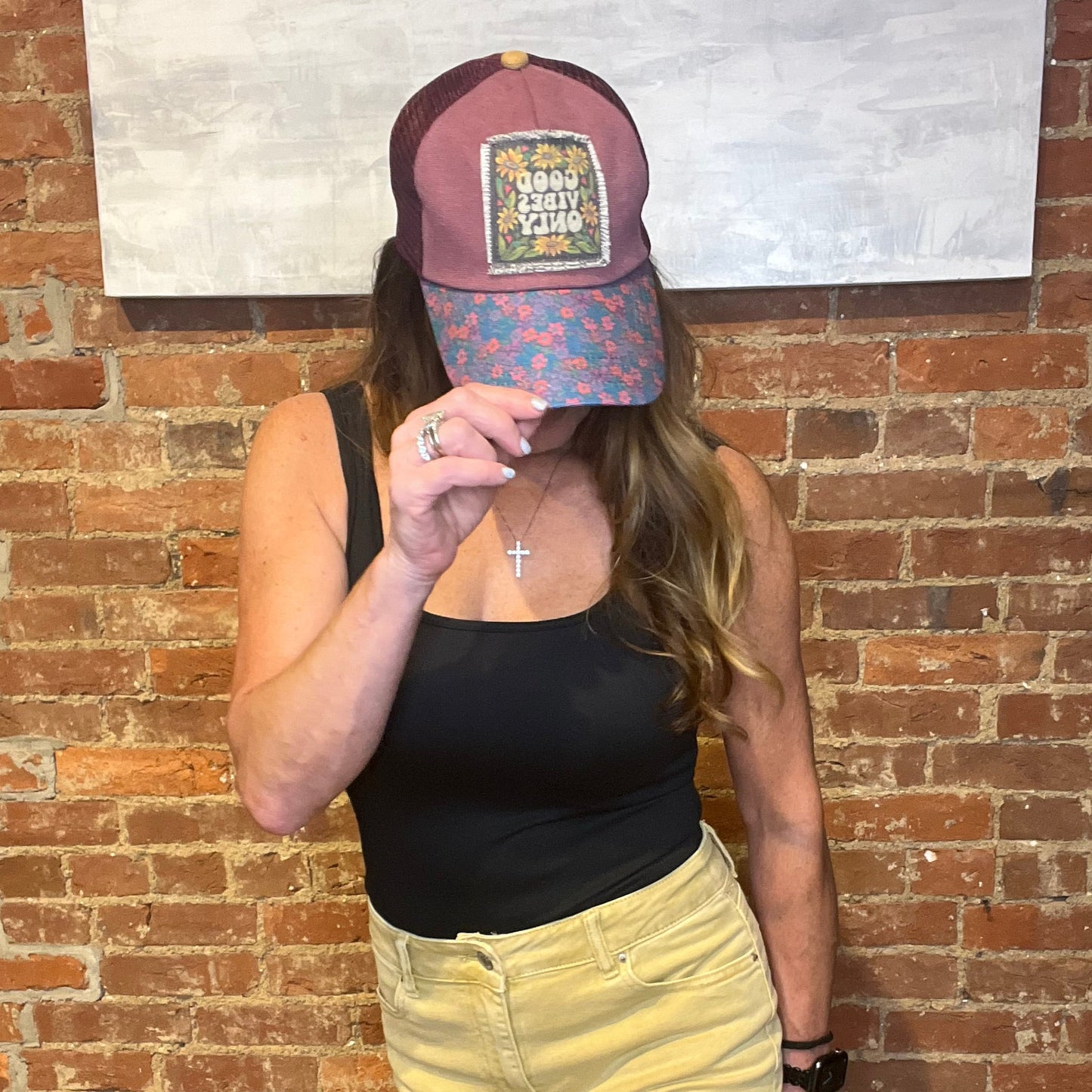 Maroon and Floral Good Vibes Only Natural Life Trucker Hat