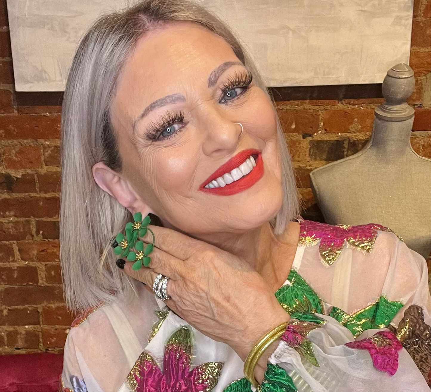 Green and Gold Floral Hoop Earrings