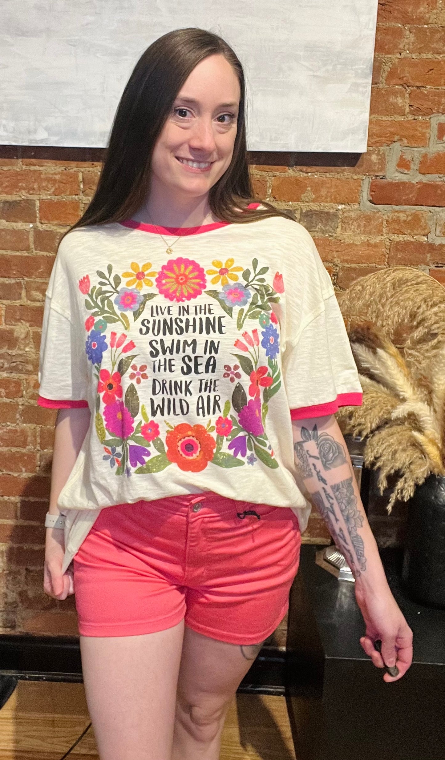 Natural Life White Graphic Tee with Floral Design and Saying