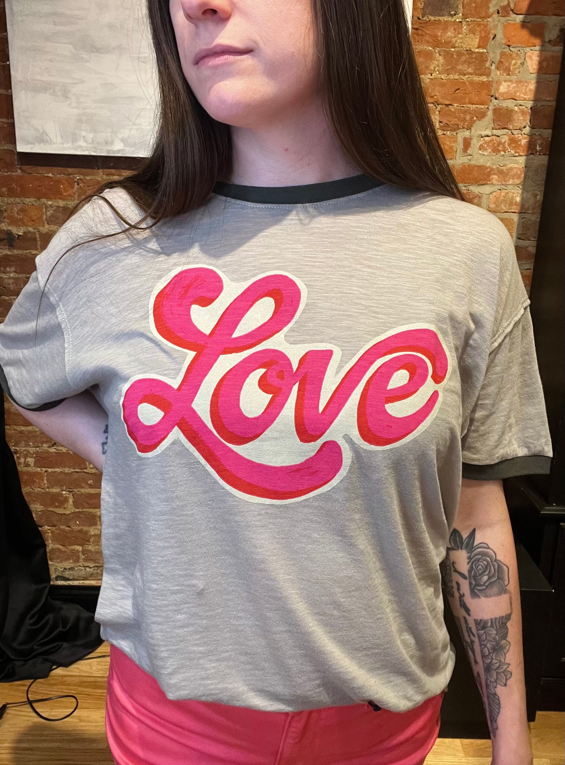 Grey Crew Neck Over Sized Graphic Tee with Pink Love Lettering