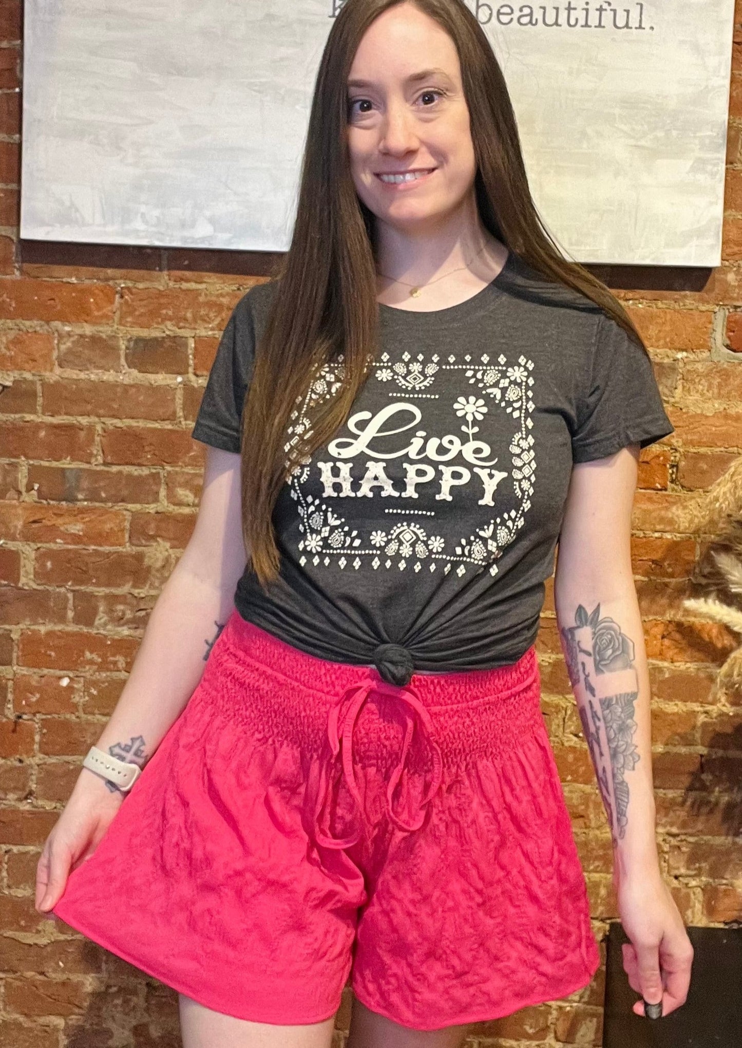 Raspberry Polyester Smocked Shorts with Tie