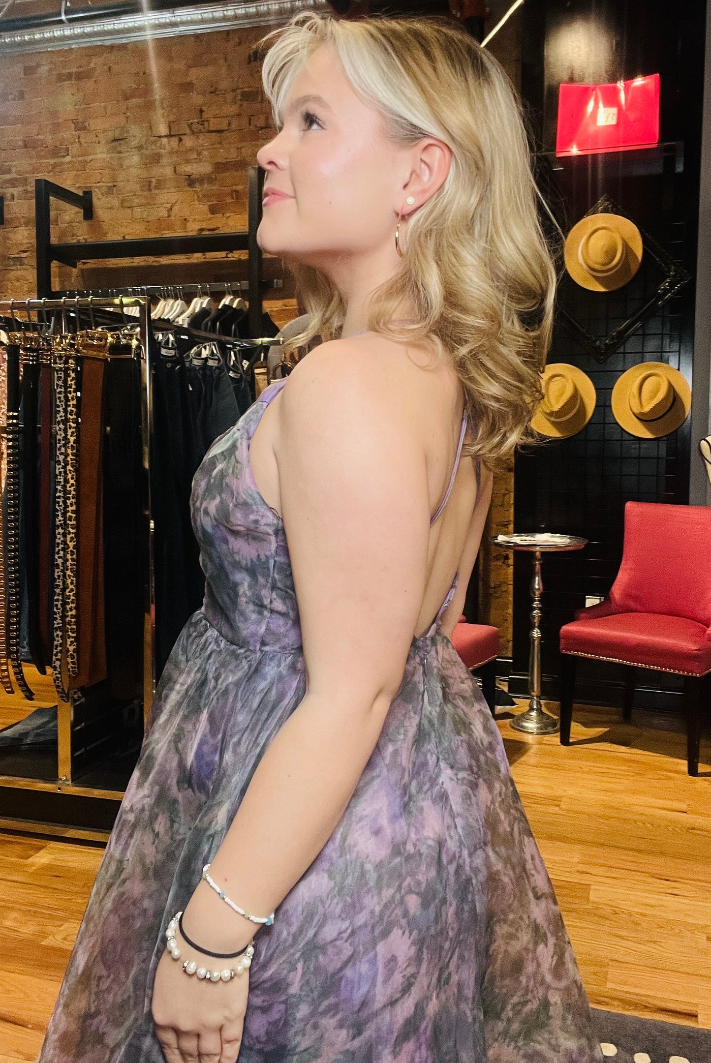 Purple Multi Organza Floral Mini Dress V Neckline and Above Knee Length