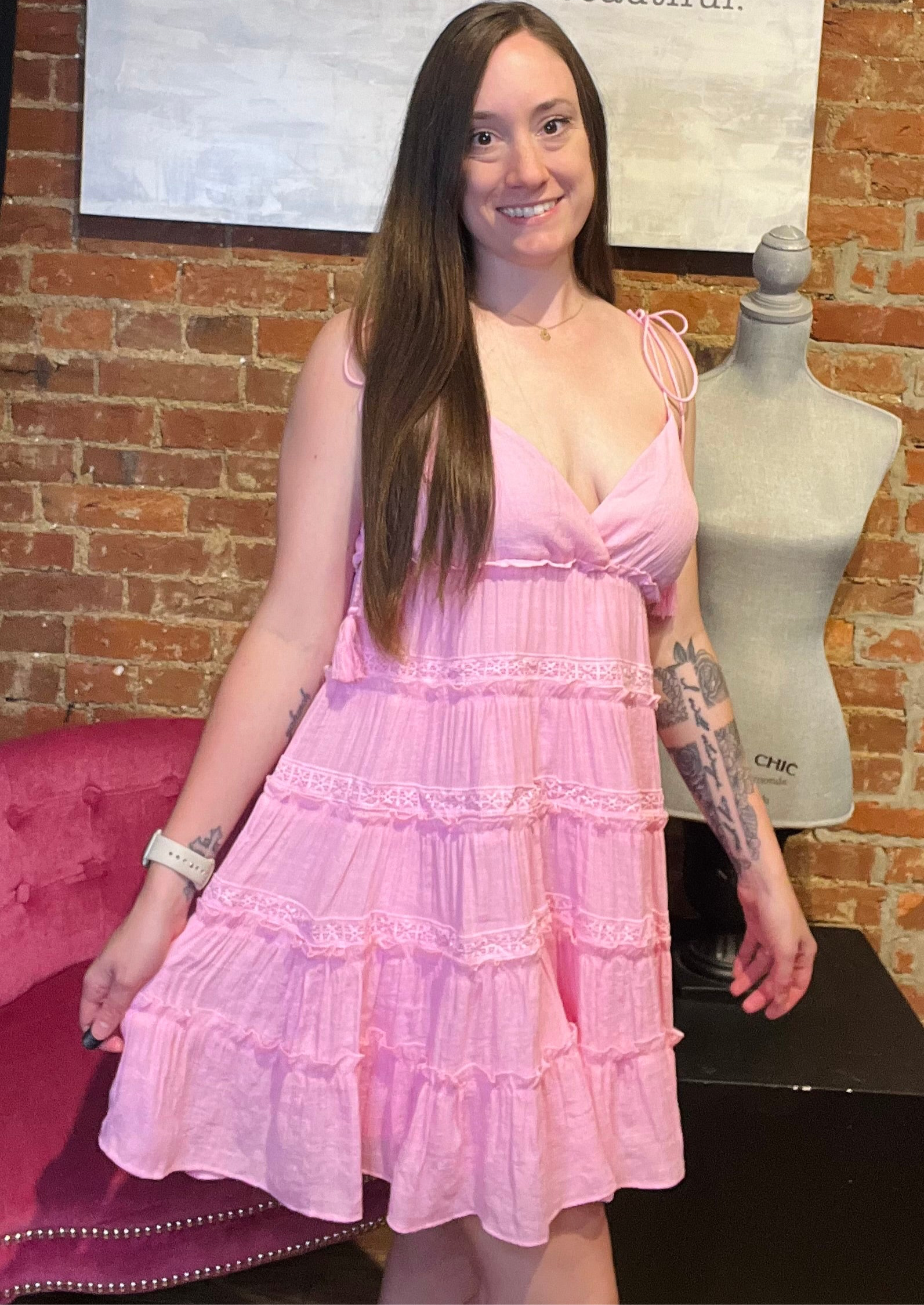 Pink Babydoll Ruffle Mini Dress with Tassel Tie Straps