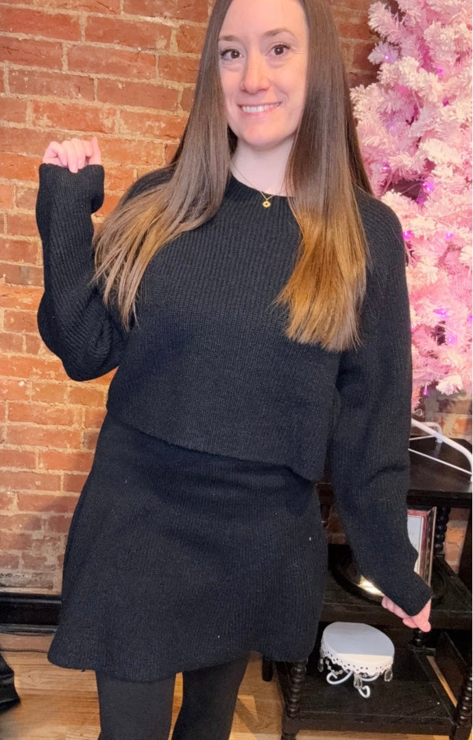 Black Two-Piece Sweater and Skirt Set Ribbed Knit