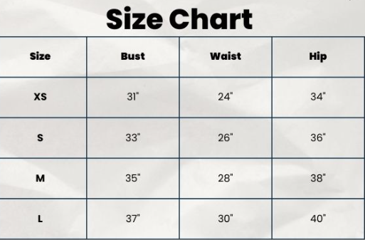 Size chart for clothing with bust, waist, and hip measurements.