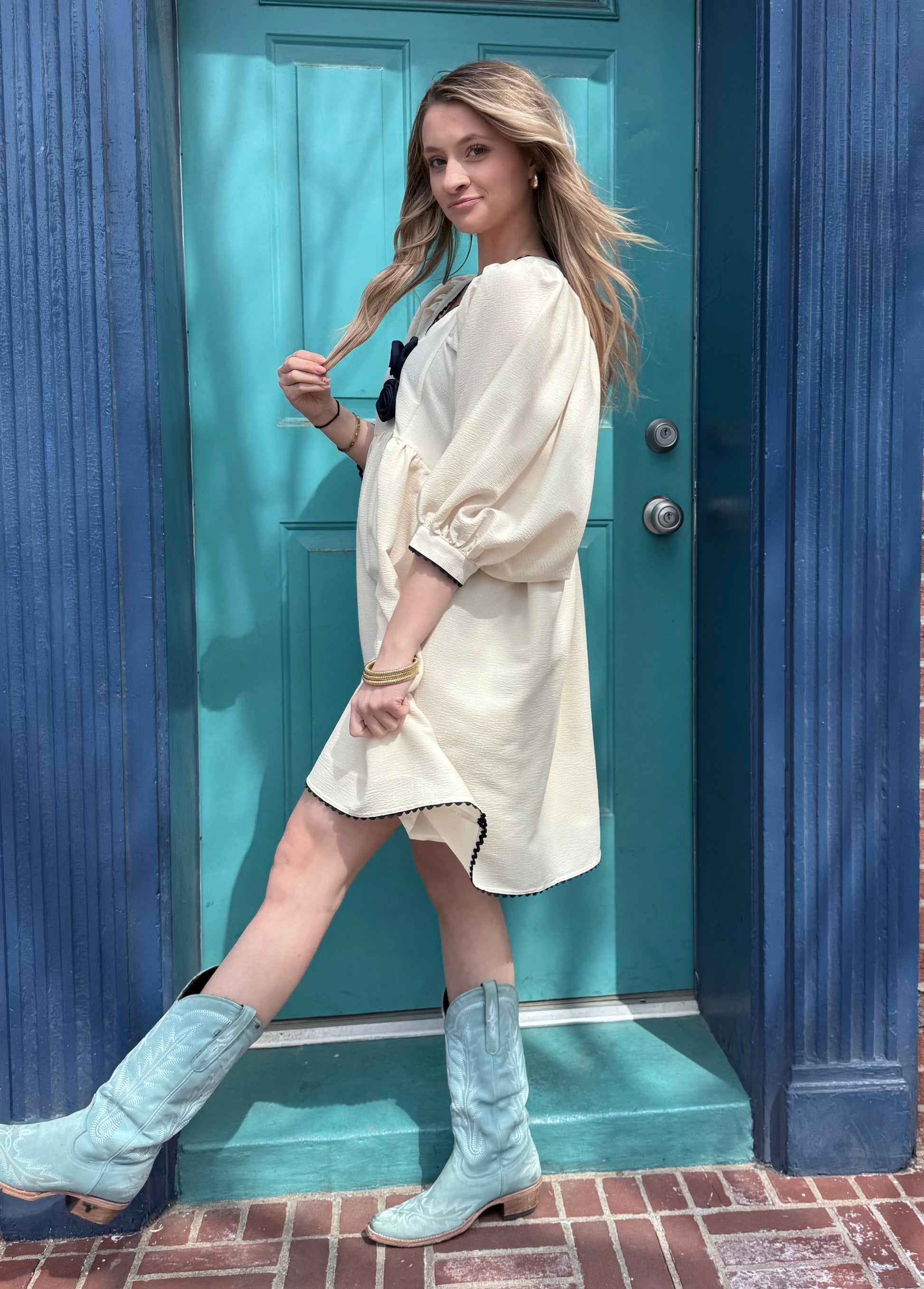 Cream Rosette Adorned V-Neck Mini Dress