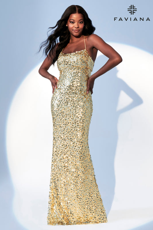 Gold Flower Sequin Fabric Scoop Neck Long Dress