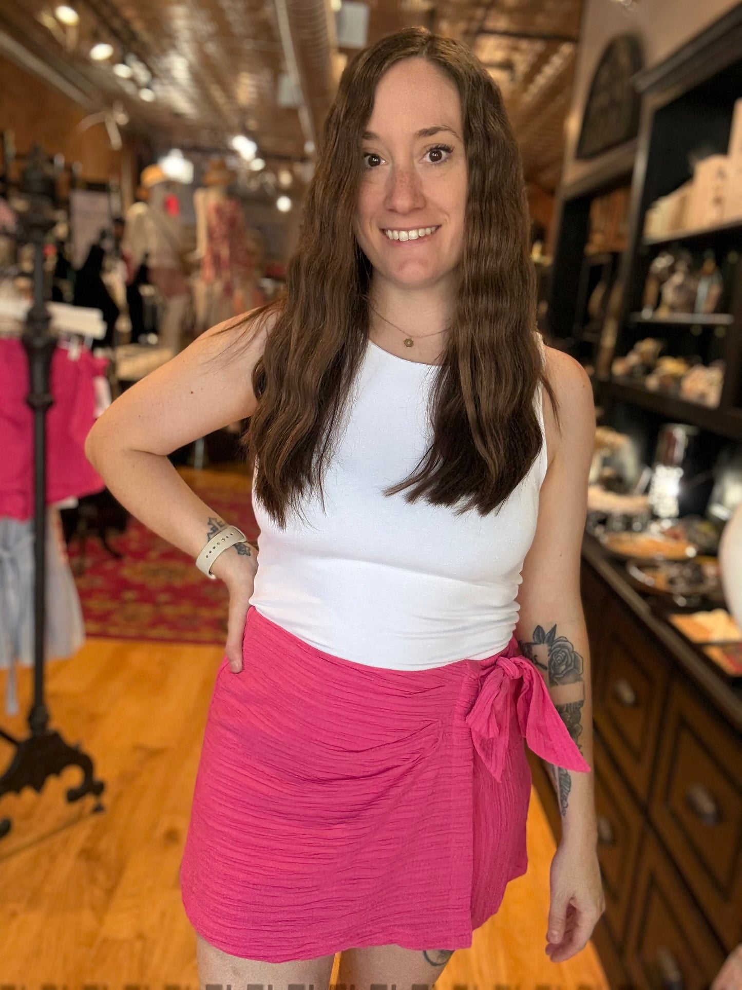 Pink Summer Asymmetric Faux Wrap Mini Skort