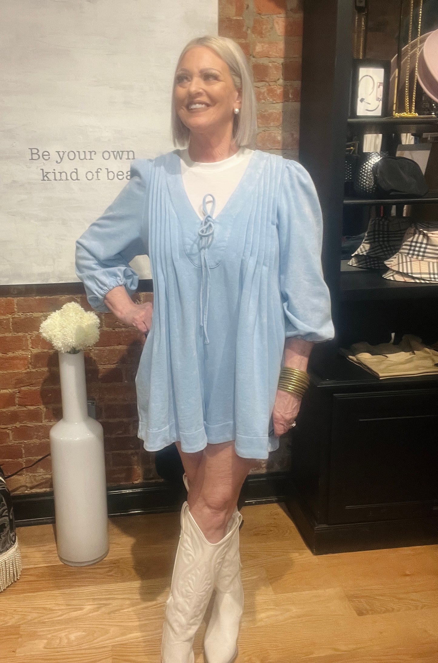 Powder Blue Long Sleeve Romper Dress with Pockets