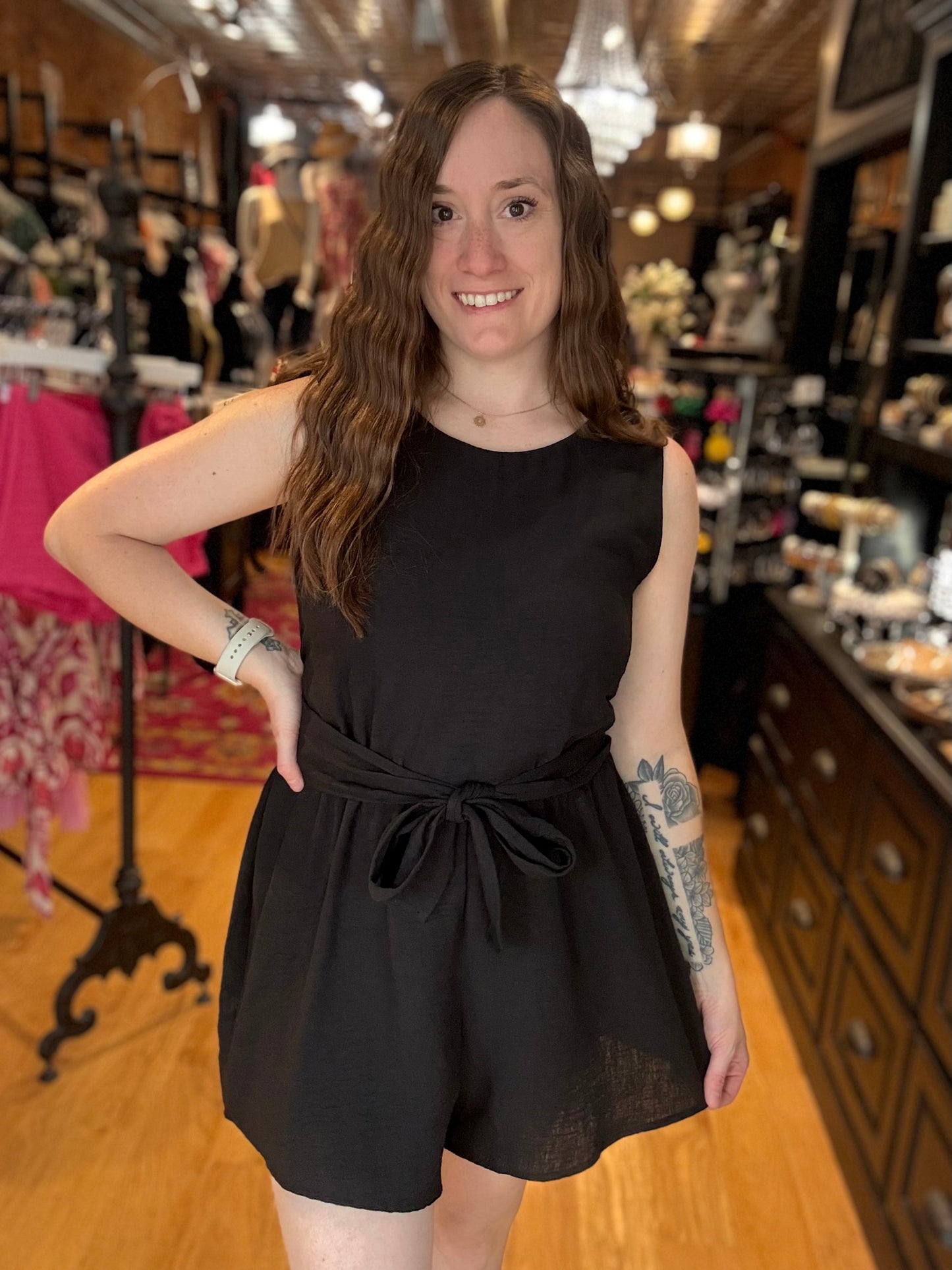 Black Tie Waist Sleeveless Romper