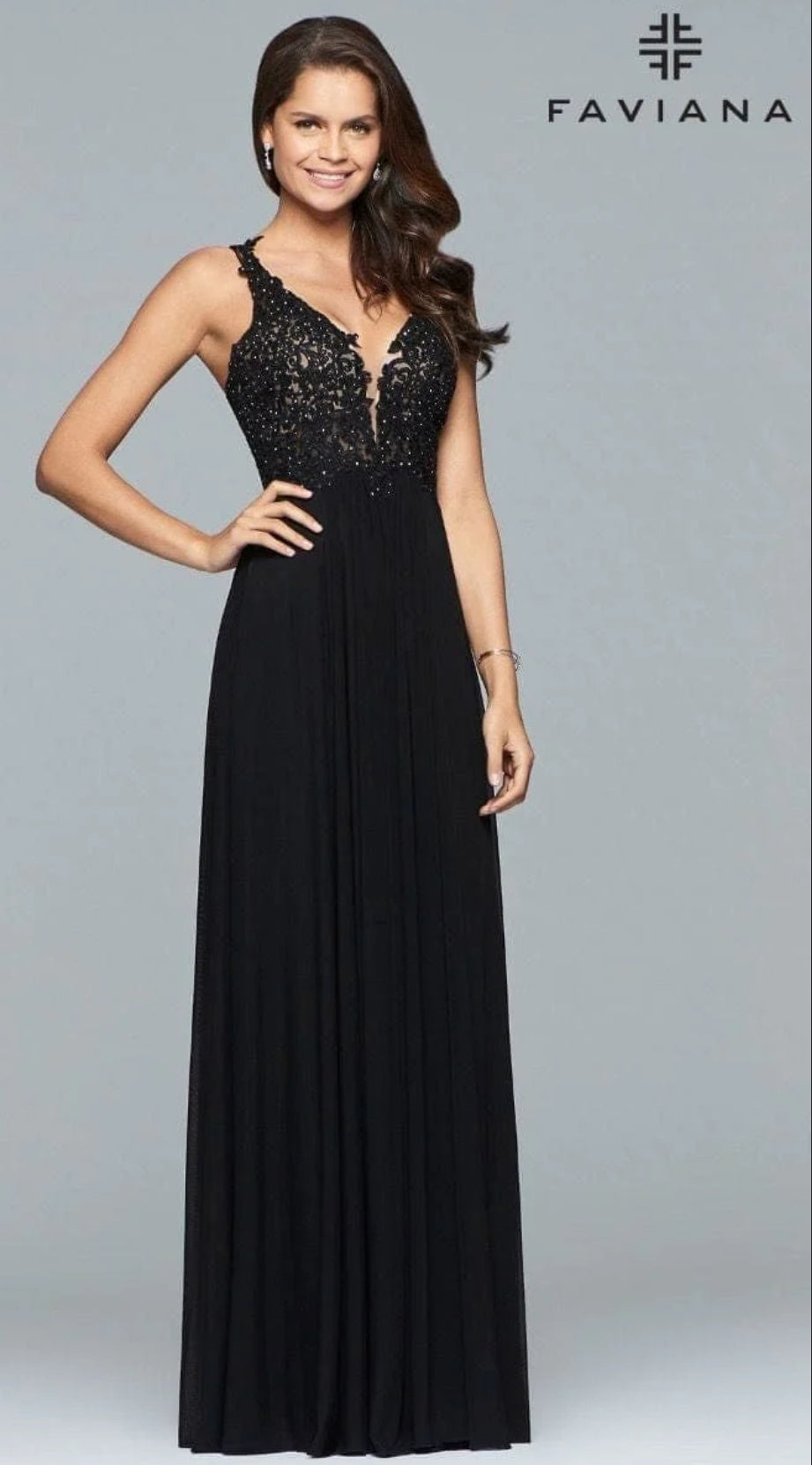 Black Long mesh v-neck dress with lace applique