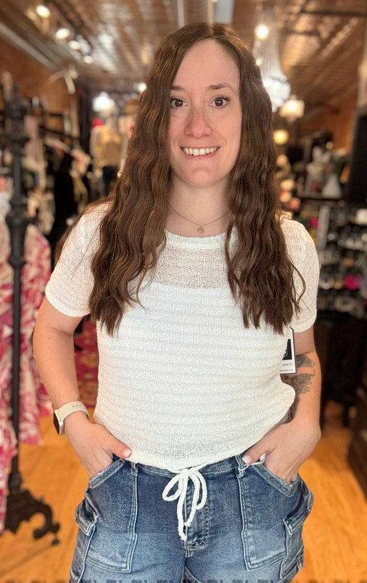 Pink Stripped Short Sleeve Textured Knit Top